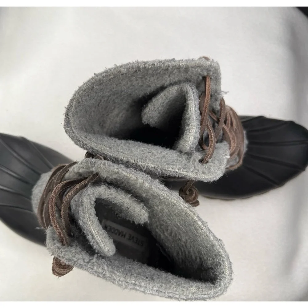 Steve Madden Gray Felt Duck Boots Waterproof Lace Up Winter Rain Boots Women's 7